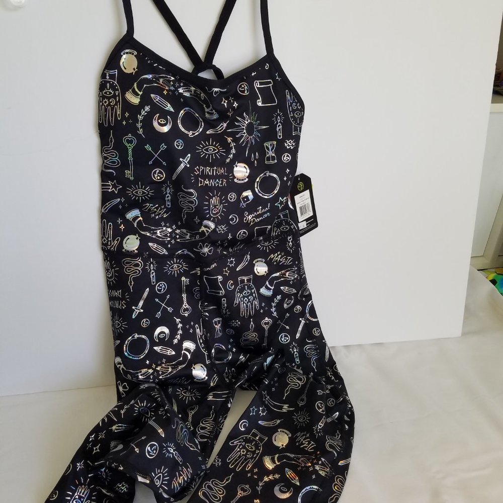 Zumba Vibes Bodysuit Bold Black Spicy (S) Black and Silver, New w/Tags